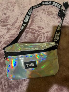 PINK Victoria's Secret Iridescent Holographic Waist Bag with Black Logo Strap